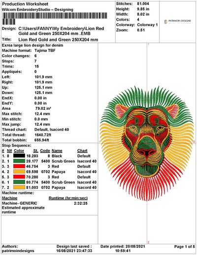 Lion Red Gold and Green Extra large size (embroidery file) - Image 3