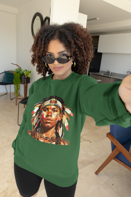 mockup of a curly haired woman taking a selfie in a gildan sweatshirt m31486 Designs with a unique blend of culture and style. Rasta vibes, Afro futuristic, heritage and Roots & Culture. EMBROIDERY,culture